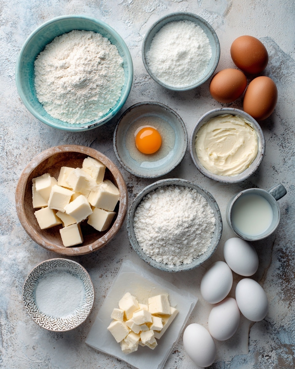 The image shows an overhead view of various baking ingredients placed neatly on a rustic wooden surface changed to a white marbled texture. There are eleven small bowls and dishes arranged with white flour in a light blue bowl at the top left, white sugar in a small white bowl at the top center, creamy butter or cream in a white bowl to the right, and two brown eggs placed on a white dish at the top right. In the middle row to the left is a wooden bowl with white cubed pieces, possibly cream cheese or butter, a gray bowl with a cracked raw egg with a bright orange yolk, and a small patterned white dish with a pinch of white powder. There is also a white square piece of paper underneath the egg bowl. To the right of the egg bowl are a small white bowl with salt and a white bowl filled with white cubed butter. At the bottom right side are two uncooked white eggs placed on the white marbled texture surface, a small gray cup filled with milk, and another white bowl filled with more white powder, possibly baking soda or baking powder. The image is clear, balanced, and well-lit, with soft natural light highlighting the textures and colors of the ingredients. Photo taken with an iphone --ar 4:5 --v 7