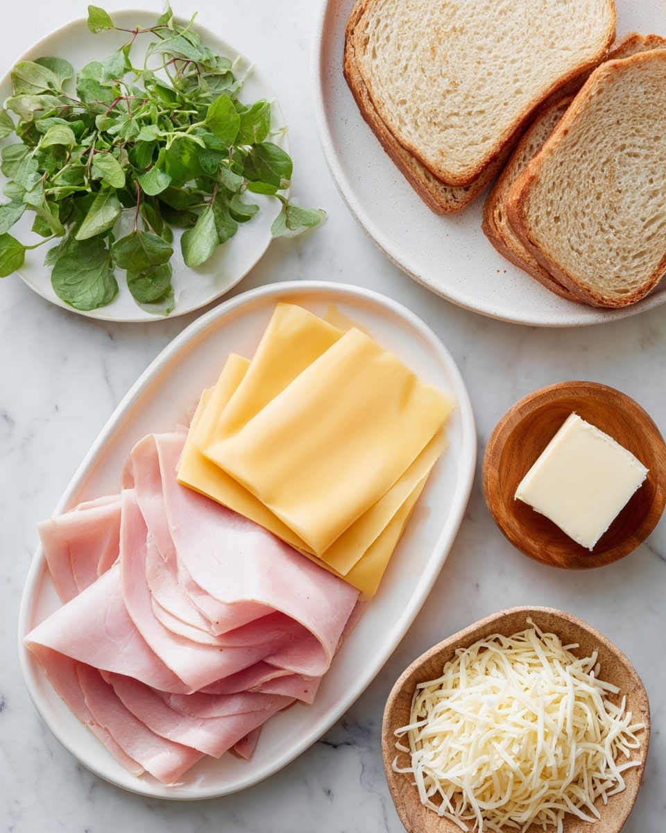 The image shows a white oval plate with three slices of pale pink ham at the bottom, topped by two folded yellow cheese slices with a smooth texture. Above this plate, there is a small white round plate with fresh green leaves, likely herbs or salad. To the right of these plates on a white marbled surface, a white round plate holds two slices of light brown bread. Next to the bread, there is a small wooden bowl containing a cube of butter and another small wooden bowl filled with shredded white cheese. The photo taken with an iphone --ar 4:5 --v 7