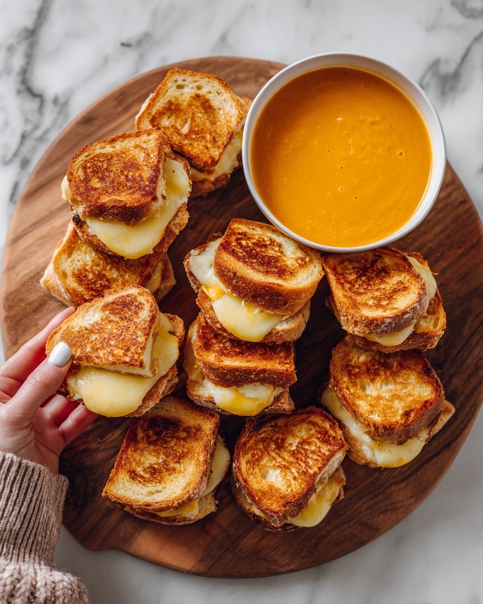 A white plate holds seven golden brown toasted sandwich squares with crispy edges, some oozing creamy melted cheese. The sandwiches have a rich crunchy texture with a slight char on top. A small white bowl on the plate contains a smooth, light beige dipping sauce garnished with finely chopped green herbs. The plate is on a white marbled surface. photo taken with an iphone --ar 4:5 --v 7