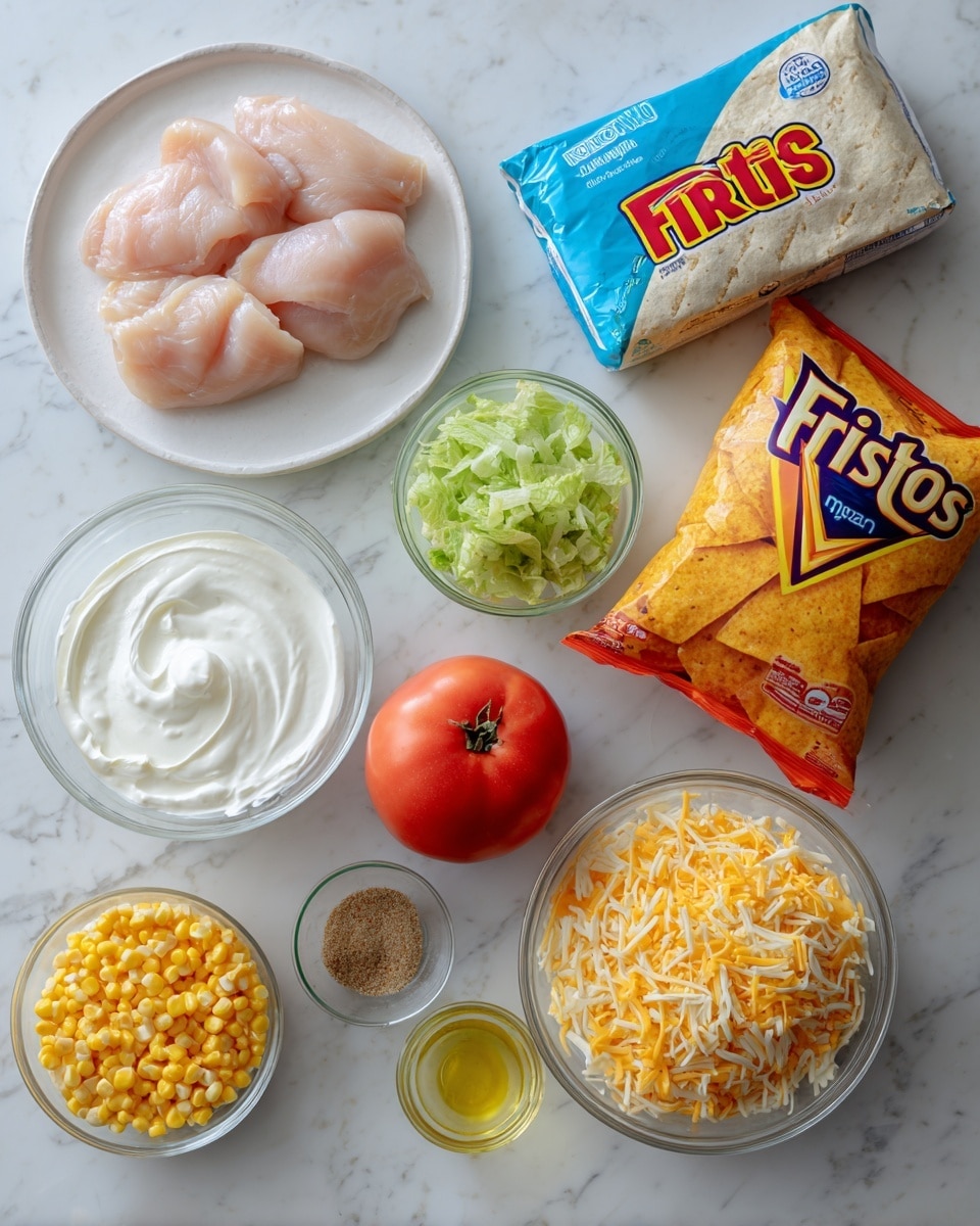 The image shows ingredients for making wraps arranged on a white marbled surface. There are three raw light pink chicken pieces placed on a white plate at the top left. A small clear bowl next to this contains green chopped lettuce. In the center, there is a clear round bowl with thick white sour cream. Below it, a round red tomato sits alone on the surface. At the bottom left, a clear bowl holds yellow corn kernels, and next to it is a small clear bowl filled with brown seasoning spices. A clear measuring cup with light yellow oil is beside the seasoning. To the right of the sour cream, there is a bright yellow and orange bag of Fritos chips and behind it a clear bowl filled with shredded yellow and white cheese. At the top right, the package of Mission wraps lies flat, showing its blue, white, yellow, and red design. The overall setting is neat with all items clearly visible and ready to use photo taken with an iphone --ar 4:5 --v 7