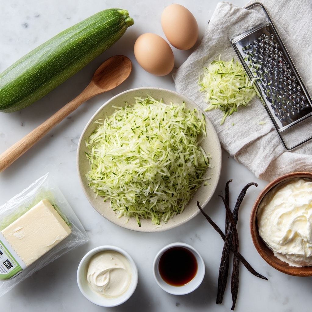 The image shows a white marble surface with several cooking ingredients arranged neatly. At the center, there is a pile of shredded green zucchini with a metal grater to the right partially covered in zucchini bits. Above it, two whole eggs rest on a white cloth near a small wooden spoon. A whole zucchini lies horizontally on the left side. At the bottom left, there is a block of cream cheese in an open white package with a green label. To the right, an open package of bacon strips is visible next to a small bowl filled with dark brown liquid. A vanilla bean pod lies near the bowl, and a small white bowl with a creamy substance is positioned on the left side. The entire scene is well-lit, showing textures of each ingredient clearly photo taken with an iphone --ar 4:5 --v 7