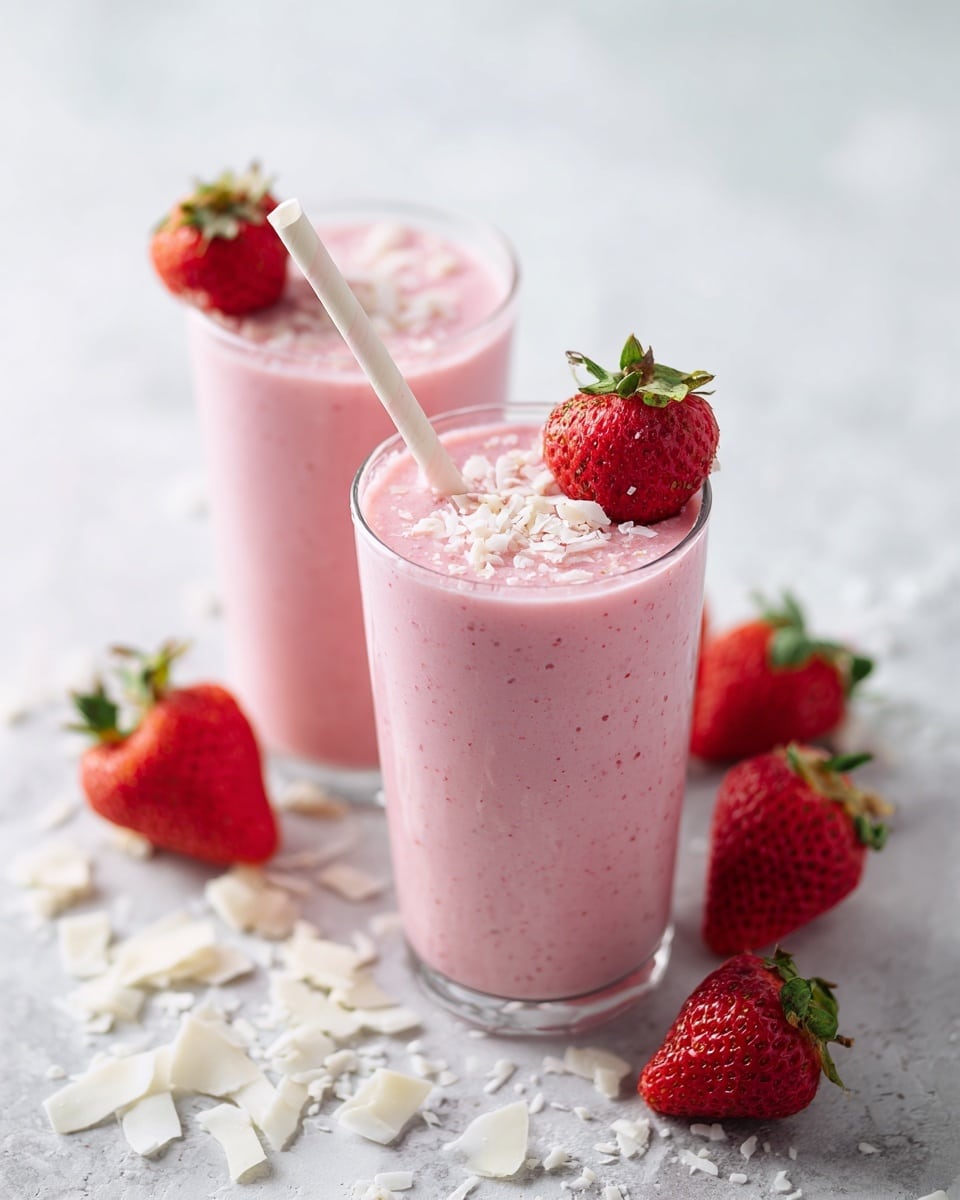 The image shows two clear glasses filled with a light pink smoothie, each with a white straw inside. Around the glasses, fresh whole strawberries and small pieces of white coconut flakes are scattered on a white marbled surface. The background is soft and bright, making the pink smoothies and red strawberries stand out. The texture of the smoothie looks smooth and creamy, and the strawberries are vivid red with fresh green leaves. Photo taken with an iphone --ar 4:5 --v 7