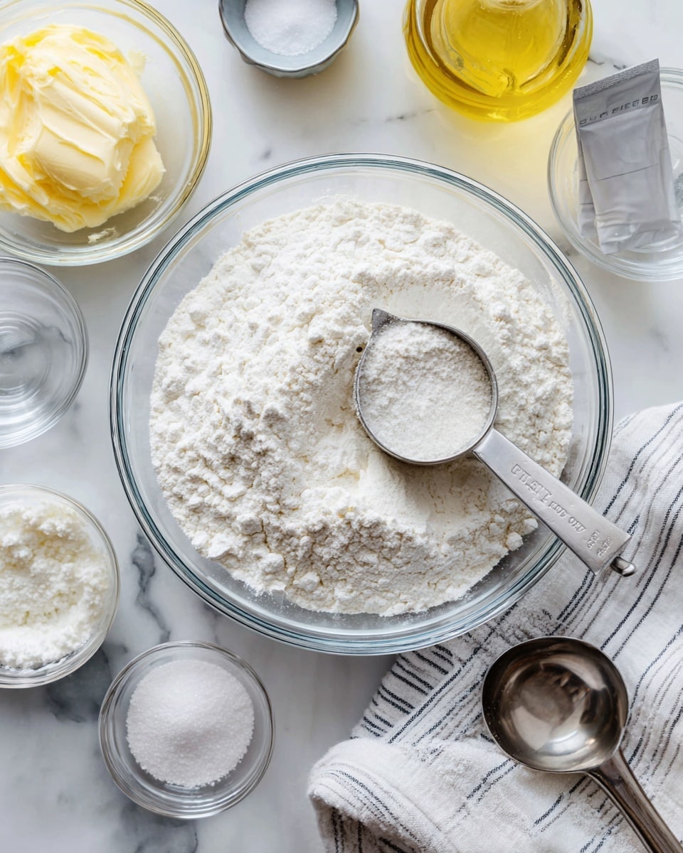 A clear glass bowl filled with white flour with a metal measuring cup resting inside, partially filled with flour. Around the bowl, there are small glass bowls holding ingredients: one with melted butter that looks light yellow and smooth, one with white granulated sugar, and another with a powder packet. There is also a metal ice cream scoop placed on a white cloth with thin grey stripes, resting on a white marbled surface. A glass bottle with light yellow oil and a small container of salt are also visible nearby. Photo taken with an iphone --ar 4:5 --v 7