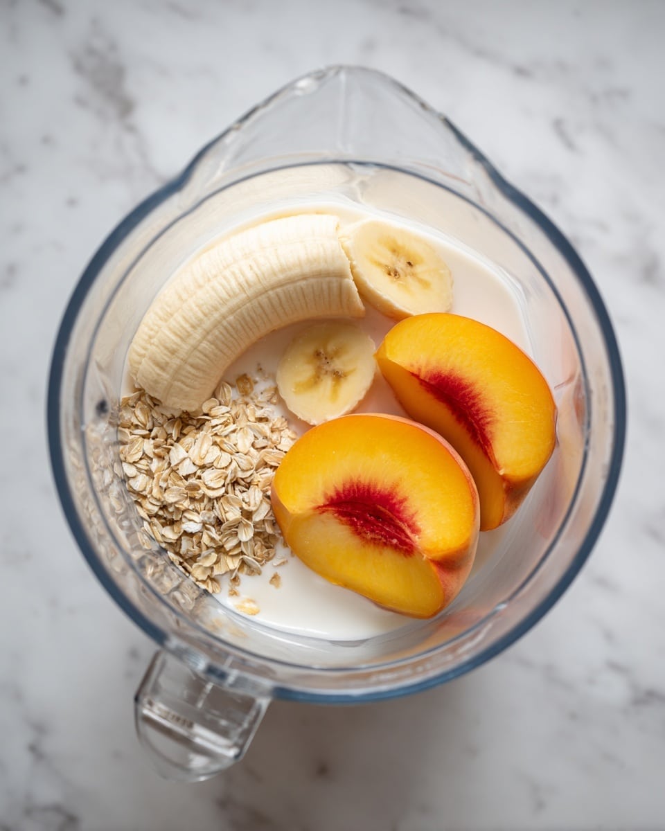 Inside a clear blender jar, there are three main layers of ingredients: on the bottom left, a small pile of light tan oats with a rough texture; next to it, creamy white milk that fills part of the jar base; on top, soft yellow banana pieces, including a long peeled banana half and a round banana slice, placed beside a few thick bright orange-yellow peach slices with soft red patches near the skin. The blender sits on a white marbled surface. Photo taken with an iphone --ar 4:5 --v 7