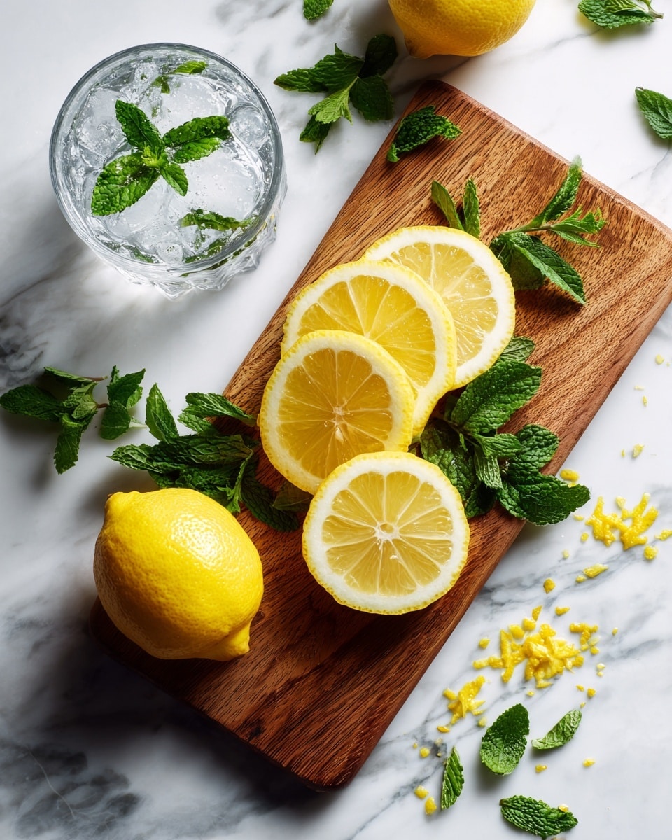 The image shows a wooden board placed on a white marbled surface with four lemon halves arranged on the right side, each bright yellow with white lines indicating segments, and fresh green mint leaves scattered around and on top of the lemons. In front of the lemon halves are small yellow lemon peel pieces and finely chopped green herbs. On the left side of the image, there is a clear glass filled with ice cubes and decorated with green mint leaves floating on top. Additional mint sprigs are scattered around the board on the surface. The colors are vibrant with the contrast of yellow lemons and green mint against natural wood and white marble. photo taken with an iphone --ar 4:5 --v 7