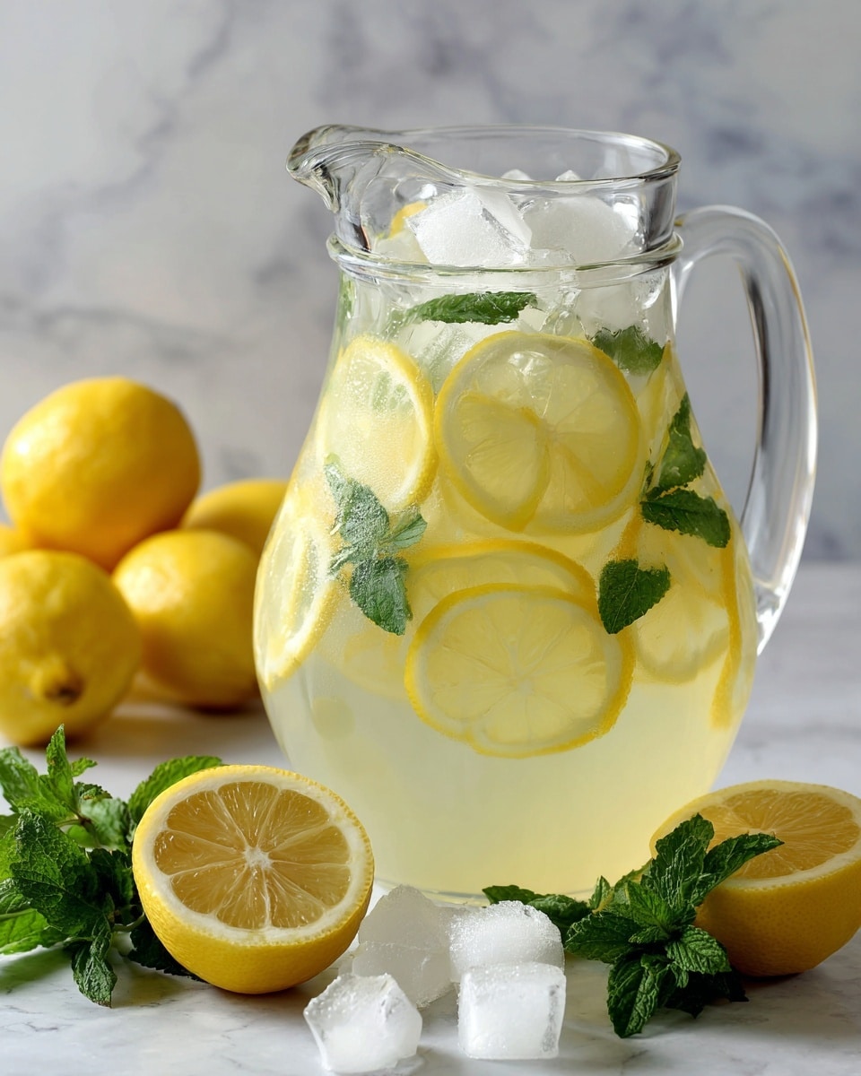 A clear glass pitcher filled with light yellow lemonade, showing several thin lemon slices floating inside along with green mint leaves scattered throughout and on top, and white ice cubes placed near the surface; in the background there are whole bright yellow lemons, halved lemon pieces, and bunches of fresh mint leaves on a white marbled surface. photo taken with an iphone --ar 4:5 --v 7