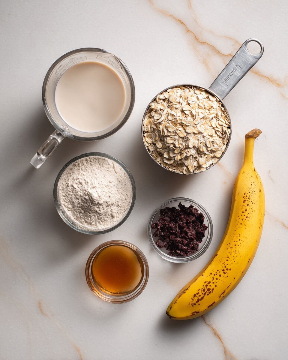 The image shows a collection of ingredients arranged on a white marbled surface. There is a clear measuring cup with a light cream liquid at the top left, next to a white metal measuring cup filled with light brown rolled oats. Below the oats is a small clear bowl with white powder. In the center, there is a small clear bowl with amber liquid, and below it another small clear bowl with a light brown powder. To the right of the bowls is a ripe yellow banana with brown spots. At the bottom right, a white metal measuring cup holds small dark purple berries. photo taken with an iphone --ar 4:5 --v 7
