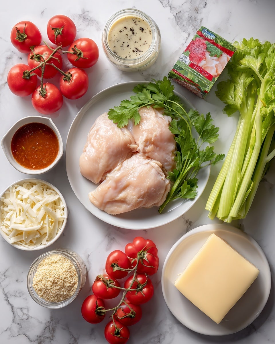 The image shows a layout of fresh ingredients on a white marbled surface. At the center, three raw pale pink chicken pieces rest on a white plate, surrounded by fresh green cilantro leaves. To the top right, a red and green carton of chicken broth sits beside a small glass jar of creamy white sauce with black pepper. Bright green celery stalks with leafy tops lie along the right edge. On the bottom right, a block of pale yellow cheese is placed on a round white plate. Cherry tomatoes on the vine and loose tomatoes add vivid red color around the scene, while a small bowl filled with reddish sauce and another bowl holding beige breadcrumbs sit near the bottom left. White shredded cheese is arranged in a white bowl on the top left next to sliced black and white vegetables. Photo taken with an iphone --ar 4:5 --v 7