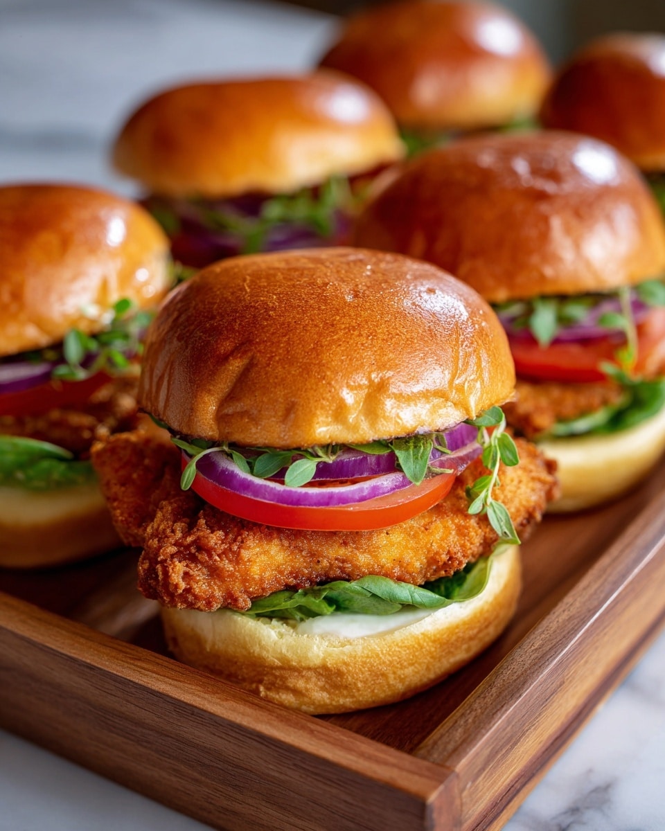 The image shows four chicken sandwiches arranged closely on a wooden tray. Each sandwich has a shiny light brown bun with the top slightly tilted. The bottom bun holds a fresh green lettuce leaf, a thick crispy golden brown chicken patty, two slices of bright red tomato, and a ring of purple onion. On top of the onion, there is a small sprig of fresh green basil leaves. The background is a white marbled texture, and the focus is on the front sandwich, with the others softly blurred in the back. The lighting is warm and natural, highlighting the textures and colors of the ingredients. photo taken with an iphone --ar 4:5 --v 7