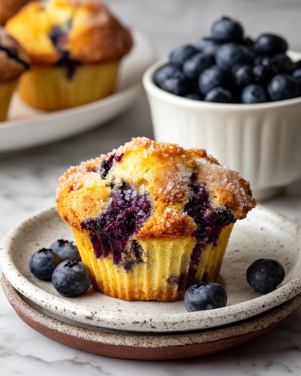 A close-up view of a blueberry muffin with a golden brown, crumbly top layer covered with sugar crystals. Inside, the second layer is soft, yellow cake with several juicy, dark purple blueberries baked throughout. The muffin sits on a white speckled plate with a rough brown edge, placed on a white marbled surface. Behind the muffin, there is a white bowl filled with fresh dark blue blueberries. A few loose blueberries lay scattered on the surface around the plate. Photo taken with an iphone --ar 4:5 --v 7