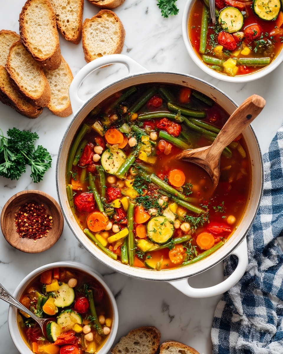 A large white pot filled with a colorful vegetable soup sits on a white marbled surface. The soup has multiple layers: bright red cherry tomatoes, orange carrot slices, green beans, yellow zucchini cubes, and chickpeas, all mixed in a clear red broth. A wooden spoon rests inside the pot, partly submerged in the soup. Surrounding the pot are slices of toasted bread arranged in white bowls and loosely on the surface. Two white bowls of soup are also present, each filled with the same vibrant mix of vegetables and broth, with a silver spoon in one of them. Fresh green parsley adds a touch of color nearby, along with a small wooden bowl of red chili flakes, and a blue and white checkered cloth lies below part of the setup. Photo taken with an iphone --ar 4:5 --v 7
