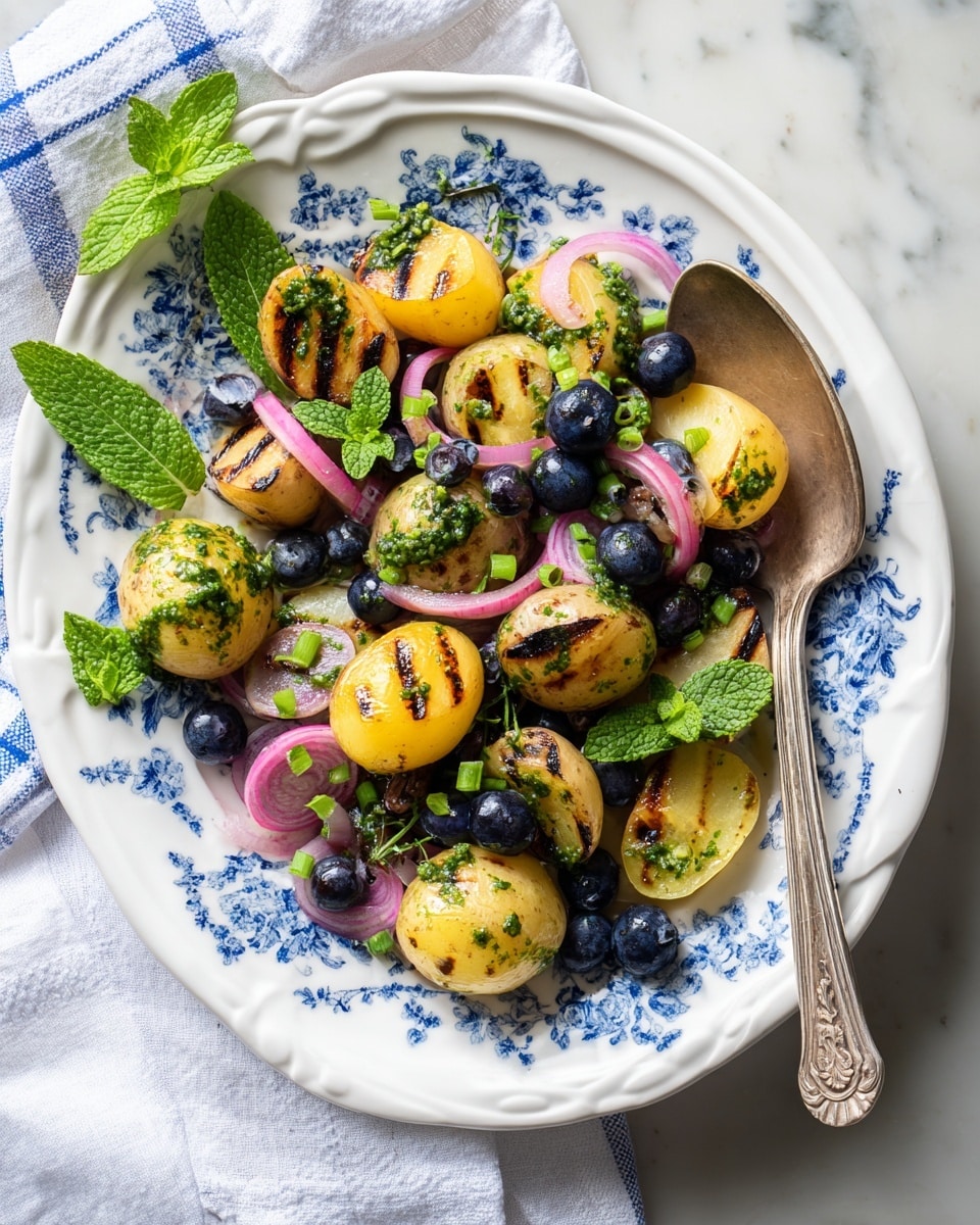 A white plate with blue floral patterns holds a colorful grilled potato salad made of halved small yellow and red potatoes with visible dark grill marks, scattered blueberries, and thin slices of pink pickled onions. Fresh green mint leaves and small green spring onion rings are spread evenly on top, adding bright pops of color. Some green herb sauce dollops appear on the potatoes. A silver spoon with some green onion and a blueberry rests on the edge of the plate. The setting includes a white marbled surface and a white cloth with a blue checkered pattern nearby. Photo taken with an iphone --ar 4:5 --v 7