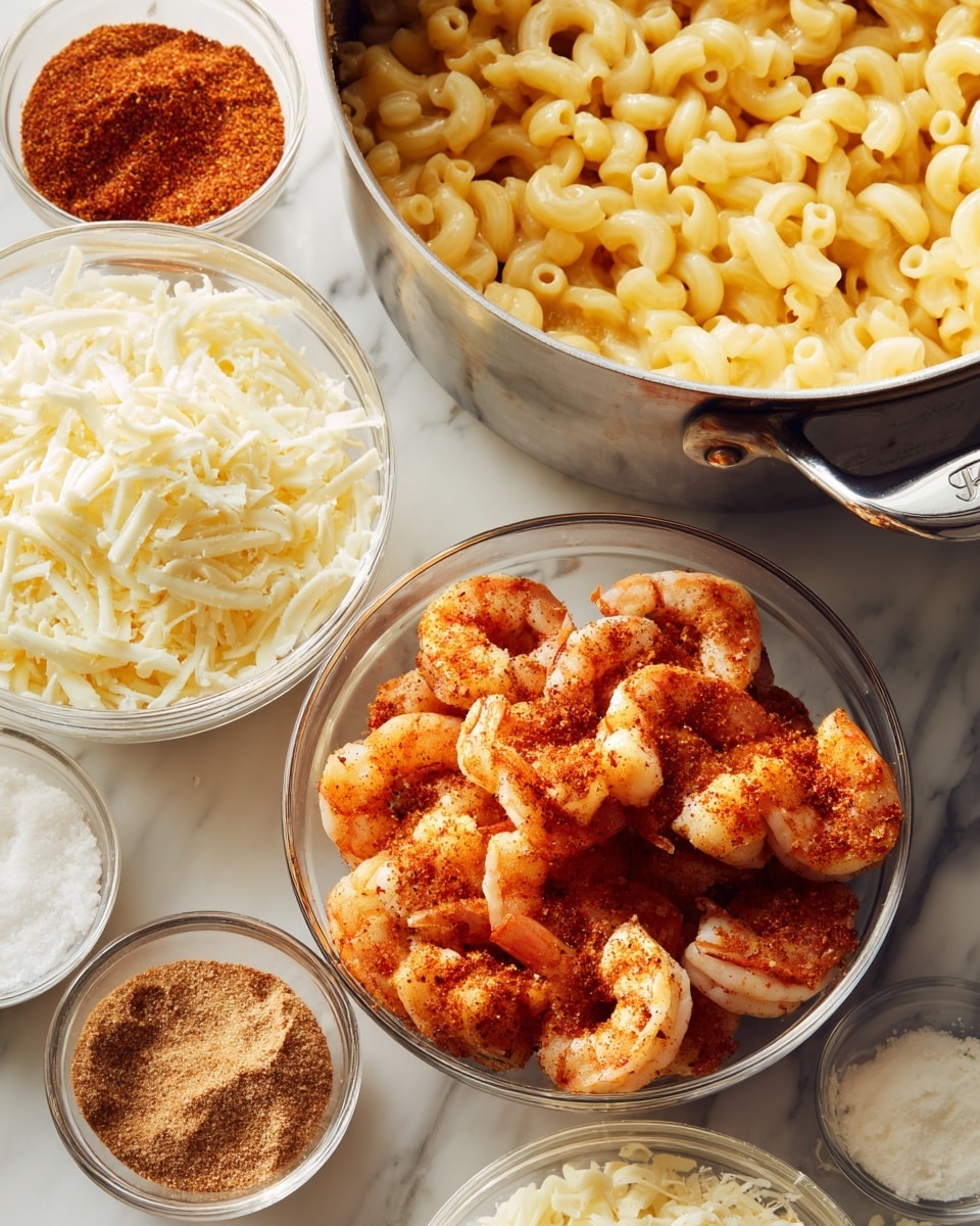 The image shows a cooking scene with several clear glass bowls and a large silver pot on a white marbled surface. In the front, a bowl holds cooked shrimp covered in red spices, showing a reddish-orange color and a slight shine. Behind it, a large silver pot is filled with creamy yellow cooked macaroni. To the left, there is a bowl filled with white shredded cheese, another with white crumbled cheese, a small bowl of white salt, and two bowls of spices—one with a light brown powder and the other with a reddish-brown powder. All the items are arranged tightly on the white marbled surface, capturing a warm, inviting cooking setup. Photo taken with an iphone --ar 4:5 --v 7