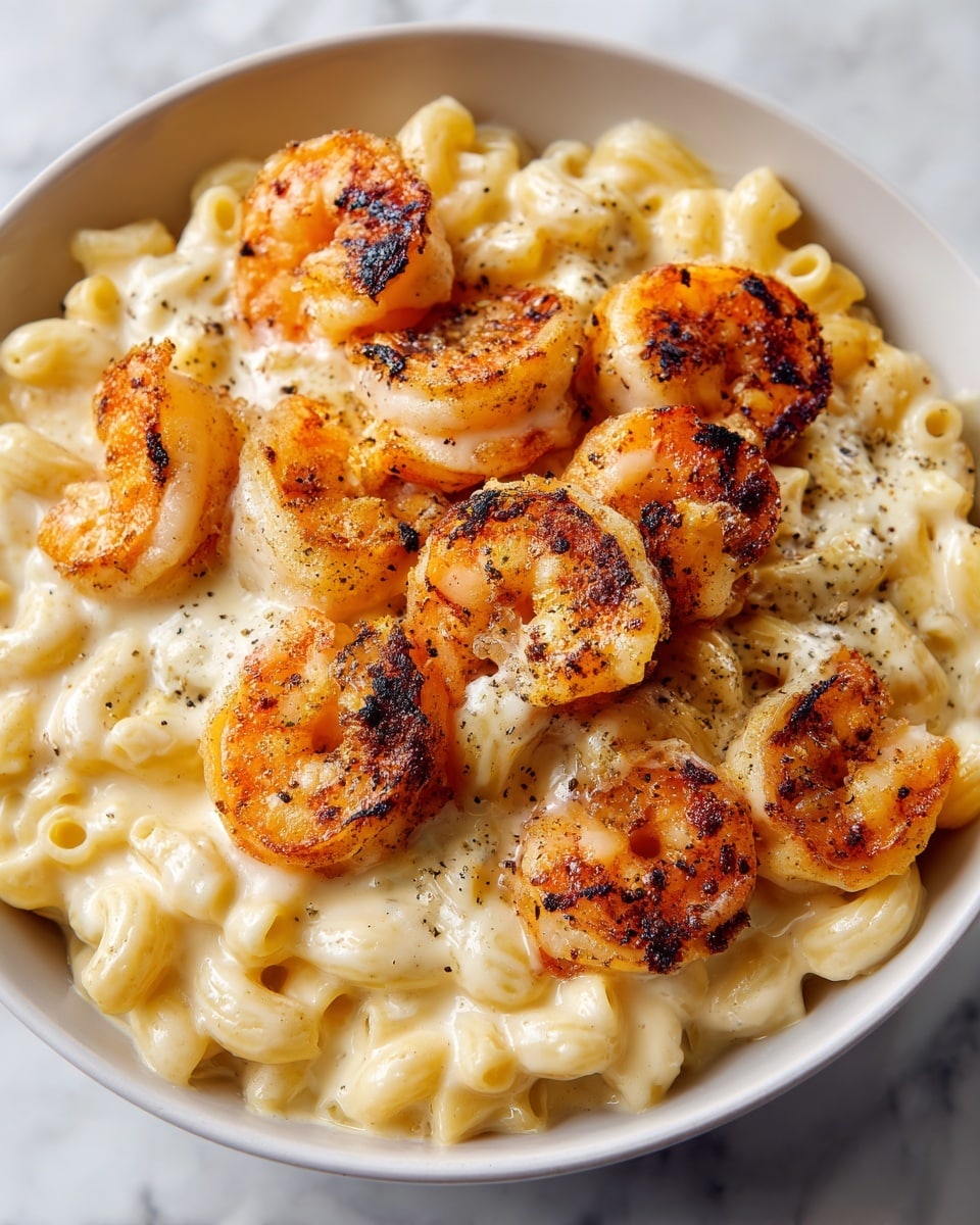 A close-up view of creamy macaroni and cheese served in a white bowl on a white marbled surface. The dish has two main layers: the bottom layer is soft elbow macaroni coated in a smooth, pale yellow cheese sauce with a slightly melted texture, and on top are multiple browned shrimp with a slightly crispy and charred surface showing fine grill marks. The shrimp are scattered across the macaroni, adding a golden orange and white contrast to the dish. The cheese sauce also has small specks of black pepper visible, giving it a seasoned look. photo taken with an iphone --ar 4:5 --v 7