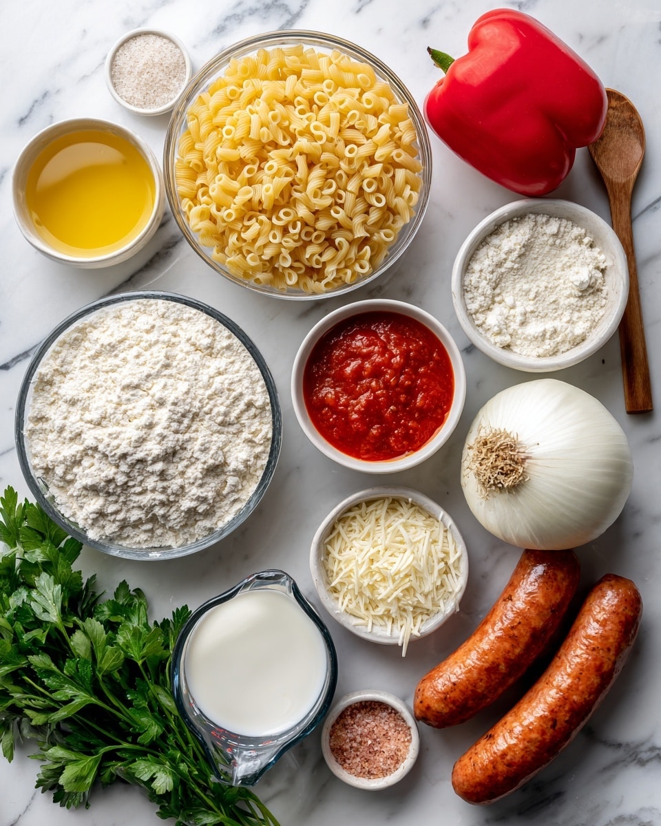 The image shows an overhead view of various cooking ingredients arranged neatly on a white marbled surface. In the center is a small clear bowl filled with uncooked elbow pasta, surrounded by small white bowls containing yellow broth, white flour, white grated cheese, red tomato sauce, a whole white onion, and a measuring cup with white milk. Other ingredients include two raw sausages with orange-brown casing, a whole red bell pepper, a bunch of fresh green parsley, a small clear dish of olive oil, and a small wooden spoon with some pink seasoning. The colors are bright and natural, with the different textures visible in each bowl and fresh ingredient. Photo taken with an iphone --ar 4:5 --v 7