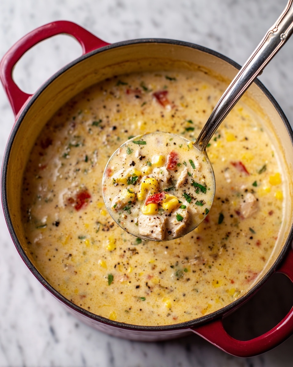 A close-up top view of a red pot filled with thick, creamy soup that has a light yellow base with visible bits of yellow corn, small green herbs, and red bell pepper pieces; a silver spoon lifts a portion of the soup showing a dense mixture with small chunks of white meat and vegetables, and some black pepper sprinkled on the surface; the pot sits on a white marbled surface. photo taken with an iphone --ar 4:5 --v 7