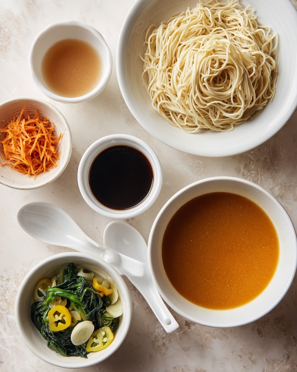 The image shows a top view of several small white bowls placed on a white marbled surface. The largest bowl on the right contains orange broth with a smooth texture. To its left is a smaller white bowl filled with thin, light beige noodles neatly coiled. Above it is another small white bowl holding some orange shredded garnish. Below the noodles is a small white bowl with dark brown soy sauce, and next to it is a slightly bigger white bowl containing dark green vegetables and sliced yellow peppers. A white spoon lies across this bowl. Near the top left corner, a small amount of light brown dipping sauce is visible in a white bowl. The overall composition forms a balanced layout with warm and earthy tones. photo taken with an iphone --ar 4:5 --v 7