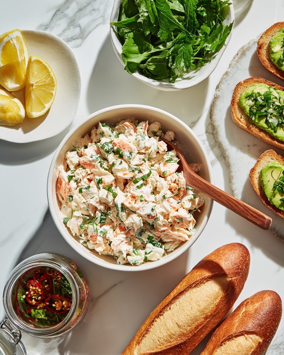 A white bowl filled with a creamy, chunky crab salad that has white and light orange crab pieces mixed with green herbs sits on a white marbled surface. Next to it is a white bowl holding bright green chopped leafy herbs with a small wooden spoon resting inside. Below, a small glass jar contains a dark liquid with floating red and green chopped chili peppers and onions. To the left, there is a white small dish with three lemon wedges. On the right side, two golden brown baguettes with crisp crusts are placed near three slices of baguette topped with avocado slices over a layer of creamy spread and some finely chopped herbs. The overall setting is bright and fresh, with a white marbled background, photo taken with an iphone --ar 4:5 --v 7