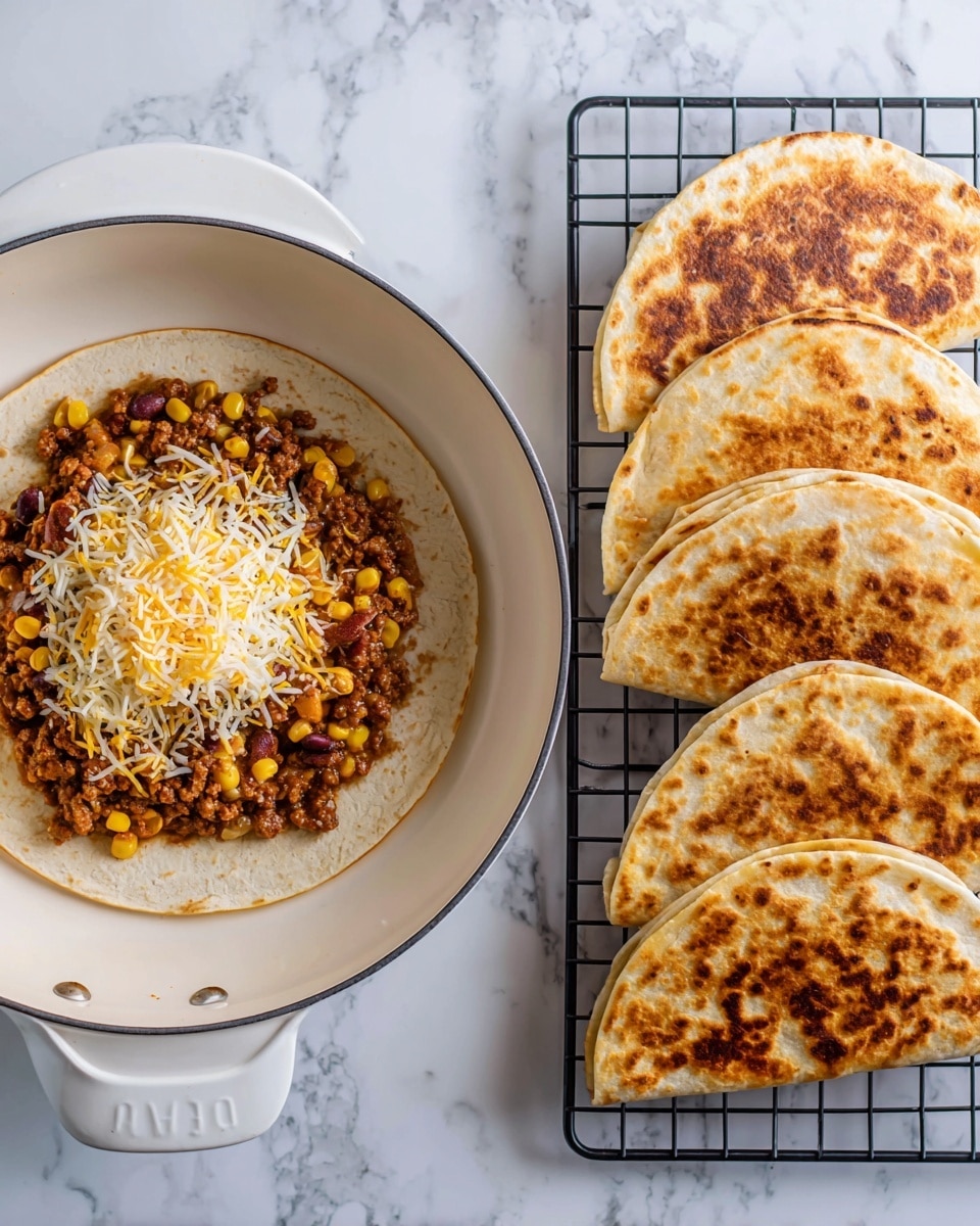 The image shows two views of a quesadilla with three layers on a white marbled surface. On the left side, a white pan holds an open tortilla with a layer of seasoned ground meat mixed with corn and beans in the center. On top of this is a sprinkling of shredded cheese, all packed on one half of the tortilla. On the right side, three golden-brown quesadillas are folded in half and placed on a black cooling rack, showing a crispy, browned pattern on the tortillas' surface. The quesadillas have some darker and lighter toasted spots, indicating a crunchy texture. Photo taken with an iphone --ar 4:5 --v 7