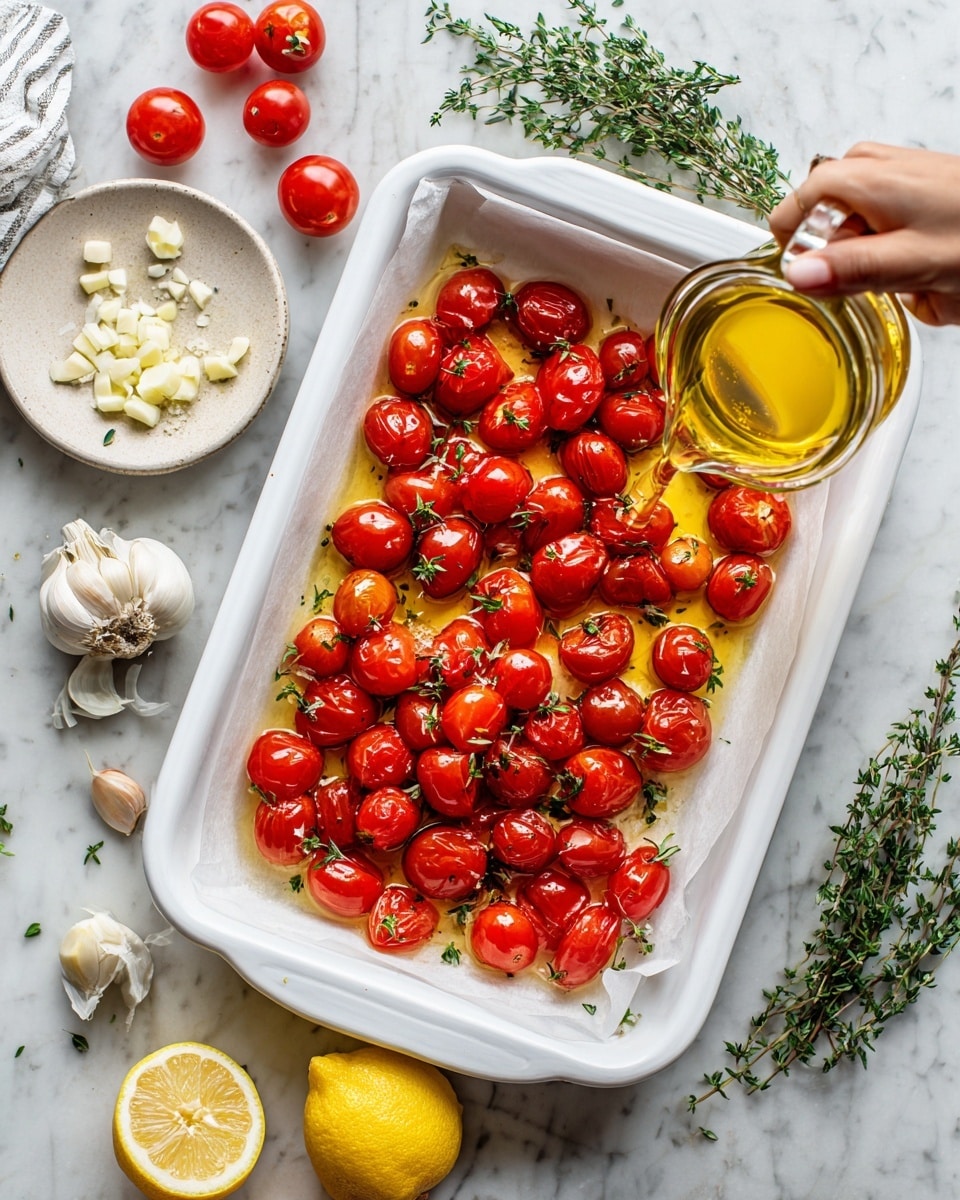 The image shows a white rectangular tray lined with white parchment paper, filled with halved cherry tomatoes arranged in a single layer. Scattered among the tomatoes are small sprigs of green thyme. A woman's hand is pouring golden olive oil from a small glass pitcher over the tomatoes. Surrounding the tray on a white marbled surface are whole cherry tomatoes, a white plate with chopped garlic, fresh thyme sprigs, and two lemon halves, one of which is cut open showing its juicy inside. photo taken with an iphone --ar 4:5 --v 7