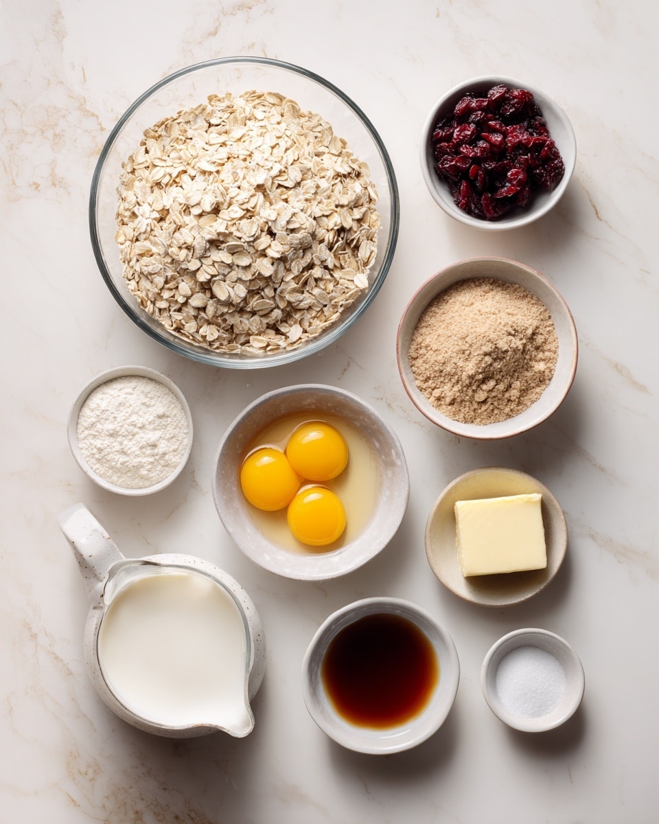 The image shows a white marbled surface with various clear glass bowls and a measuring cup holding baking ingredients. The largest bowl at the top left holds dry oats, light beige and textured. To its right is a small bowl with dark red dried cranberries. Below the oats bowl is a bowl with light brown powder, likely sugar. In the center is a small bowl containing two raw eggs with bright yellow yolks and a clear liquid part. Next to it, a small measuring jug contains white milk, while a small glass bowl nearby holds melted yellow butter. Two small white dishes on the right contain white salts, and a small bowl in front holds dark amber vanilla extract. Everything is neatly arranged on the white marbled surface. photo taken with an iphone --ar 4:5 --v 7