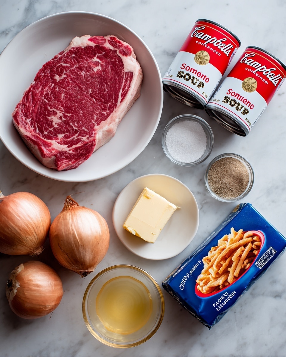 The image shows a white bowl in the top left corner with a raw marbled red steak inside, detailed with white fat streaks. Below and to the right of the bowl, there are two red and white cans of Campbell’s soup stacked side by side. To the right of the cans are three small spice jars and a clear bowl of coarse white salt. On the left, a cluster of light brown onions rests on the white marbled surface, some peeled and some unpeeled. Below the onions is a stick of yellow butter, with a small clear glass bowl of light yellow melted butter next to it. At the bottom right, there is a blue and red boxed package of French fried onions. All items are placed on a white marbled surface found in the background photo taken with an iphone --ar 4:5 --v 7