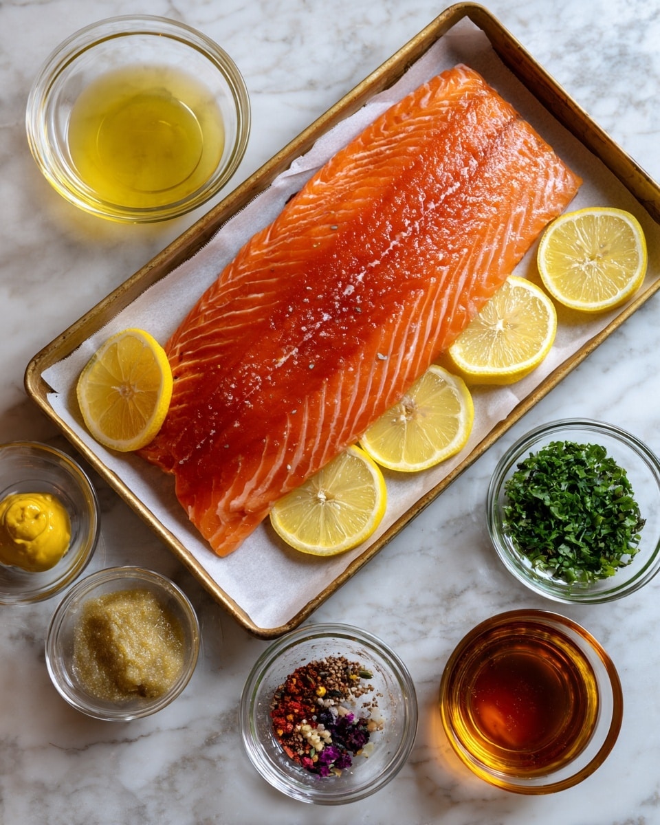 A single large fresh raw salmon fillet with bright orange-pink color and white marbling sits on top of thin yellow lemon slices arranged on white parchment paper, all placed in a gold metal baking tray. Next to the tray, five small clear glass bowls hold different ingredients: a light yellow liquid in the top bowl, smooth yellow mustard in the second bowl, finely chopped green herbs in the third, a mix of red, black, and white spices in the fourth, and a shiny amber liquid in the fifth, all positioned on a white marbled surface. photo taken with an iphone --ar 4:5 --v 7