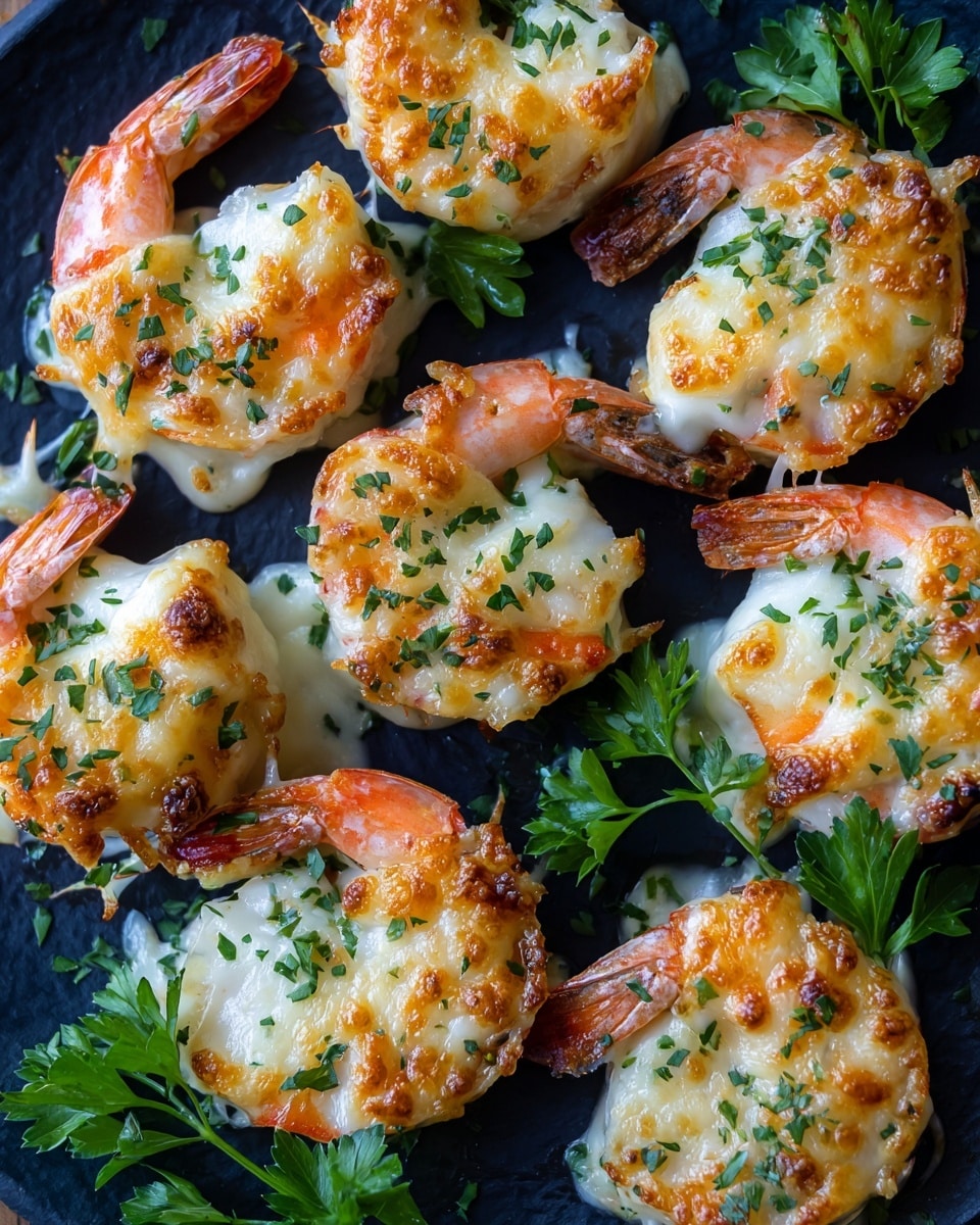 The image shows nine shrimp halves with orange shells, each topped with a thick, melted layer of white cheese that has light golden brown spots. The shrimp are sprinkled with small pieces of green parsley and arranged on a dark round surface with additional parsley leaves scattered around. The shrimp shells form the bottom layer, supporting the smooth and bubbly cheese layer on top, creating a mix of warm orange and creamy white colors contrasted by fresh green herbs. photo taken with an iphone --ar 4:5 --v 7
