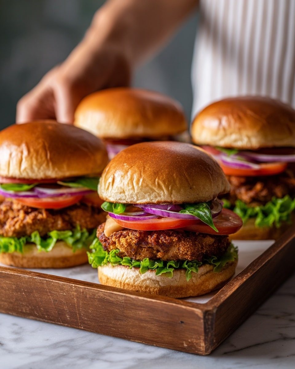 The image shows four chicken sandwiches on a wooden tray placed on a white marbled surface. Each sandwich has a soft, shiny, light brown bun with a crispy cooked chicken patty inside as the first main layer. On top of the chicken patty, there are fresh green basil leaves and thick slices of red tomato. Above the tomatoes, there are thin rings of purple onion. The sandwiches have fresh green lettuce leaves peeking out from under the bottom bun. In the background, a woman's hand holds one of the sandwiches. Photo taken with an iphone --ar 4:5 --v 7