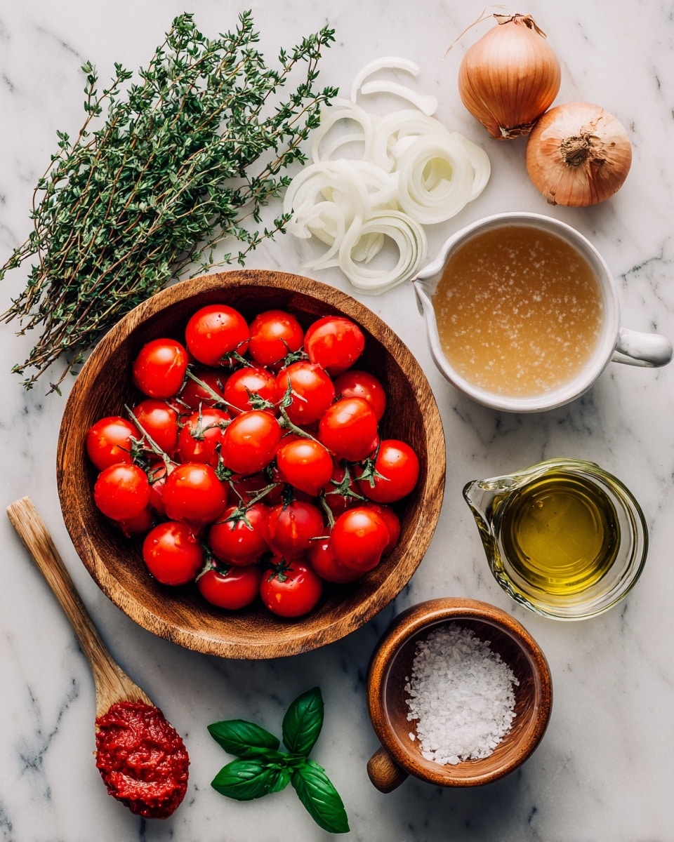 A top view of fresh cooking ingredients arranged neatly on a white marbled surface: a wooden bowl full of bright red cherry tomatoes is placed near the center, with a bunch of fresh green thyme sprigs to the left. Above the thyme, a whole shallot and thin slices of shallot are scattered. To the right of the tomatoes, there is a small white bowl with golden olive oil, fresh green basil leaves, and a small clear glass jug filled with light brown broth. Near the bottom center, an open wooden container holds a white powder, likely salt, and a wooden spoon with a red paste sits next to it. The image shows all items clean and vibrant, with natural light illuminating the scene. Photo taken with an iphone --ar 4:5 --v 7