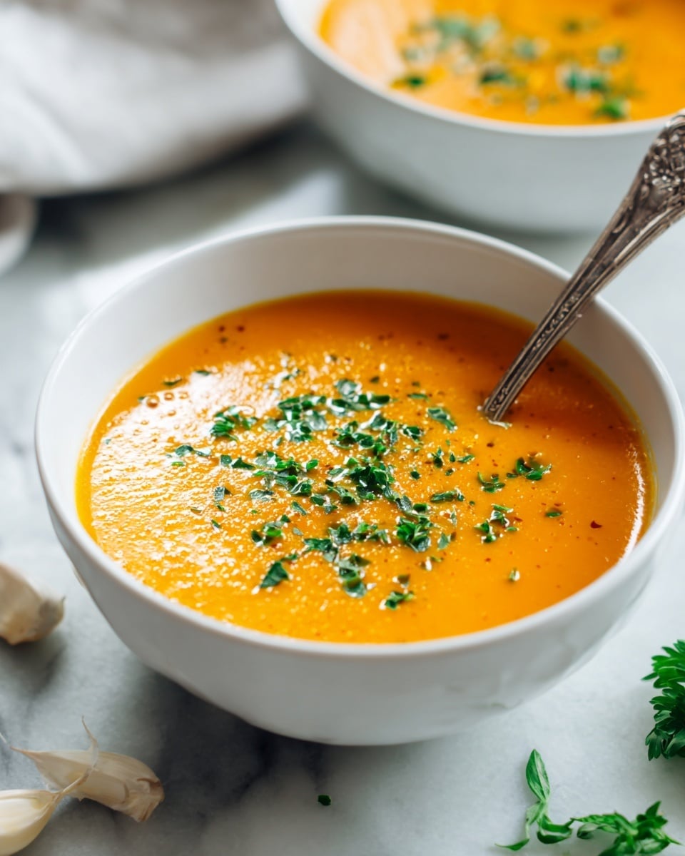 A white bowl filled with smooth, bright orange soup, slightly bubbly on top, garnished with small pieces of fresh green herbs scattered across the surface; a decorative silver spoon is partially submerged in the soup from the right side. The bowl is set on a white marbled surface, with a few garlic cloves placed casually near the bottom left. Part of another white bowl with the same orange soup is faintly visible on the right. Some fresh green herbs are lying blurred in the background near the upper part of the image. Photo taken with an iphone --ar 4:5 --v 7