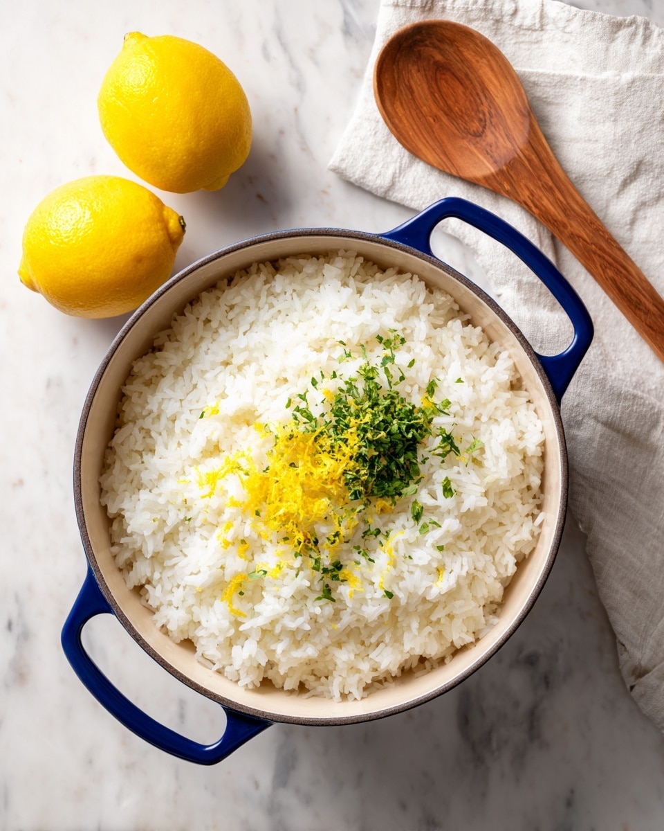 A pot filled with cooked white rice makes the base layer, with a small heap of finely chopped green herbs placed on top toward the center, next to a small bright yellow pile of lemon zest. The pot has blue handles and is sitting on a white marbled surface. To the left of the pot, two whole yellow lemons rest closely together. On the top right side of the image, there is a wooden spoon and a white cloth. Photo taken with an iphone --ar 4:5 --v 7