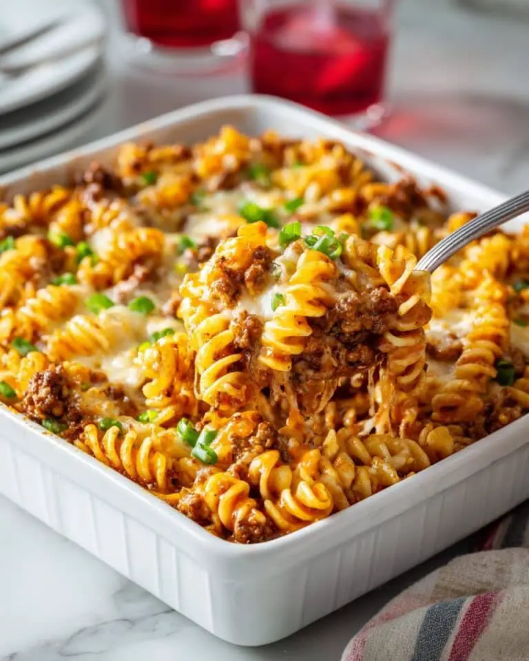 Cheesy Ground Beef Pasta Casserole with Crispy Onion Topping Recipe