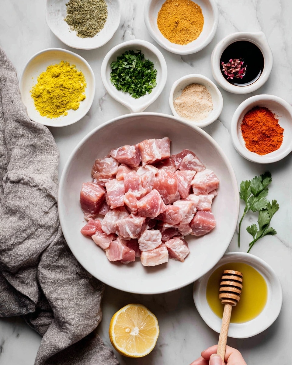 The image shows a white bowl in the center filled with light pink sliced raw meat pieces. Around it are small white bowls arranged in a circular pattern, each holding a different colorful ingredient: a black sauce, bright yellow grated ginger, green chopped herbs, a light beige powder, a bright orange powder, crushed garlic, a small amount of dark red paste, bright orange juice, and lemon slices. A gray cloth is placed near the bottom left corner over a white marbled surface. A woman's hand is reaching towards the bottom, touching a wooden honey dipper resting over a small white bowl. Photo taken with an iphone --ar 4:5 --v 7