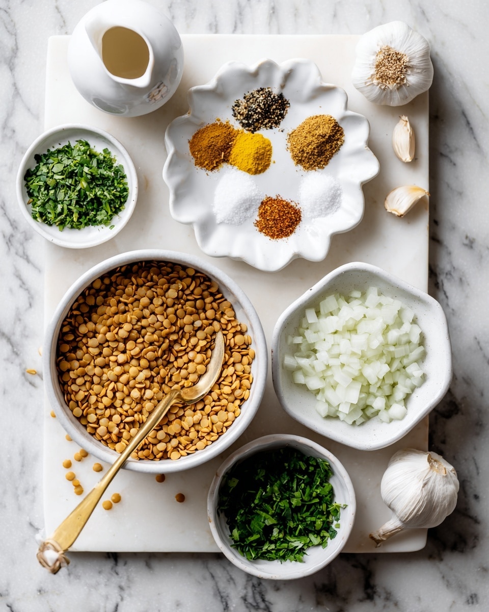The image shows a white marbled board holding several white bowls with ingredients arranged neatly. The largest bowl, placed centrally, is full of light brown lentils with a golden spoon resting in it. Above it, a white scalloped plate holds four small piles of spices in different colors: bright yellow, light brown, green, and black, along with some white salt. To the right, a white bowl is filled with finely chopped white onions. Below that, another white scalloped bowl contains fresh green chopped herbs. A single clove of garlic lies near the top right corner of the board, and a small white pitcher with light oil is placed to the top left. The entire setup rests on a white marbled texture surface. Photo taken with an iphone --ar 4:5 --v 7