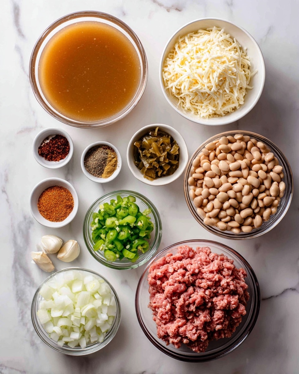 The image shows several clear glass bowls arranged on a white marbled surface, each holding different ingredients for a recipe. At the top left, there is a large bowl filled with light brown broth. Next to it, at the top center, is a bowl with shredded white cheese, and to the right, there is a big bowl with light beige beans. Below the beans, a small bowl holds diced green chilies, and to its left, a bowl contains chopped white onions. In the center bottom is a bowl filled with raw ground meat, pinkish in color. On the left side, there are six small bowls with spices and chopped garlic, displaying a range of colors from red and dark brown to light beige and pale yellow. The scene is well-lit and the bowls are neatly arranged. Photo taken with an iphone --ar 4:5 --v 7