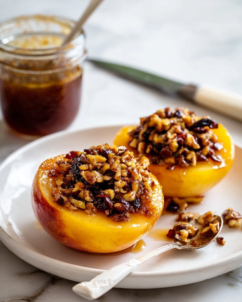 The image shows two halves of a baked peach placed on a white plate on a white marbled surface. Each peach half has a golden-yellow color and is filled with a textured mix of chopped nuts and dark raisins or small dried fruits, glistening with syrup or honey. A jar of brown syrup with a white spoon inside is visible in the background, along with a knife near the top right corner on the white marbled surface. The colors are warm with the soft yellow of the peach blending into the glossy, sticky filling, all set on a clean, bright background. photo taken with an iphone --ar 4:5 --v 7