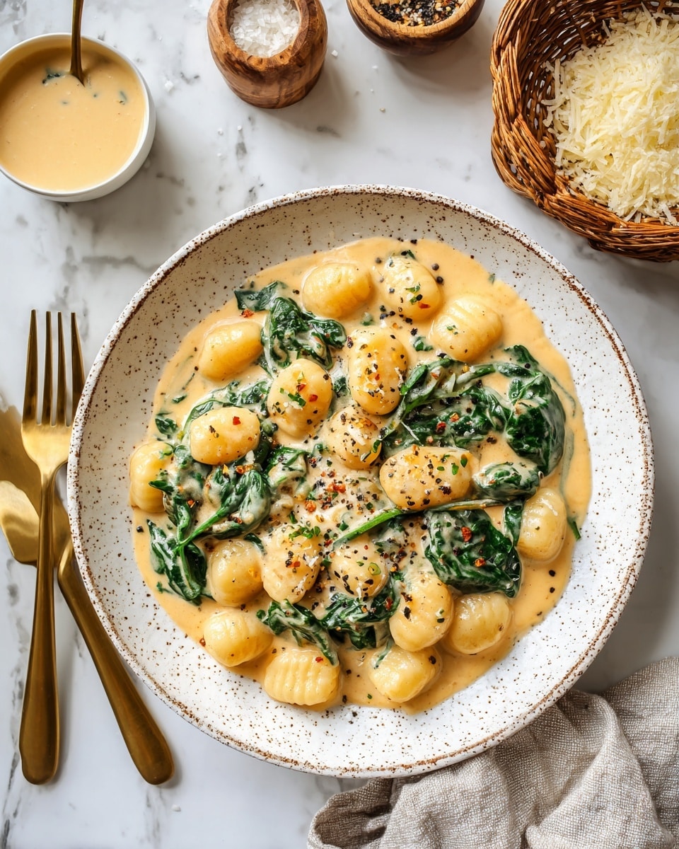 The image shows a white speckled plate with a creamy dish made of small, round gnocchi pasta covered in a light orange creamy sauce. Mixed in the sauce are green spinach leaves and some small bits of herbs or spices. The sauce looks smooth and thick, lightly sprinkled with cracked black pepper on top. The plate is placed on a white marbled surface with two golden forks to the left and a small bowl of sauce or cream above it. A wicker basket filled with grated cheese is partially visible on the right side. There is a cloth napkin in the bottom right corner. Photo taken with an iphone --ar 4:5 --v 7