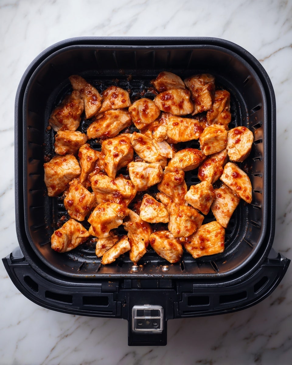 The image shows pieces of raw chicken marinated with a reddish sauce spread out inside a black air fryer basket. The chicken pieces are uneven in size and are separated from each other to allow space for air frying. The air fryer basket has a grid pattern at the bottom and the surrounding surface is a white marbled texture. A woman's hand is not visible in this image. photo taken with an iphone --ar 4:5 --v 7