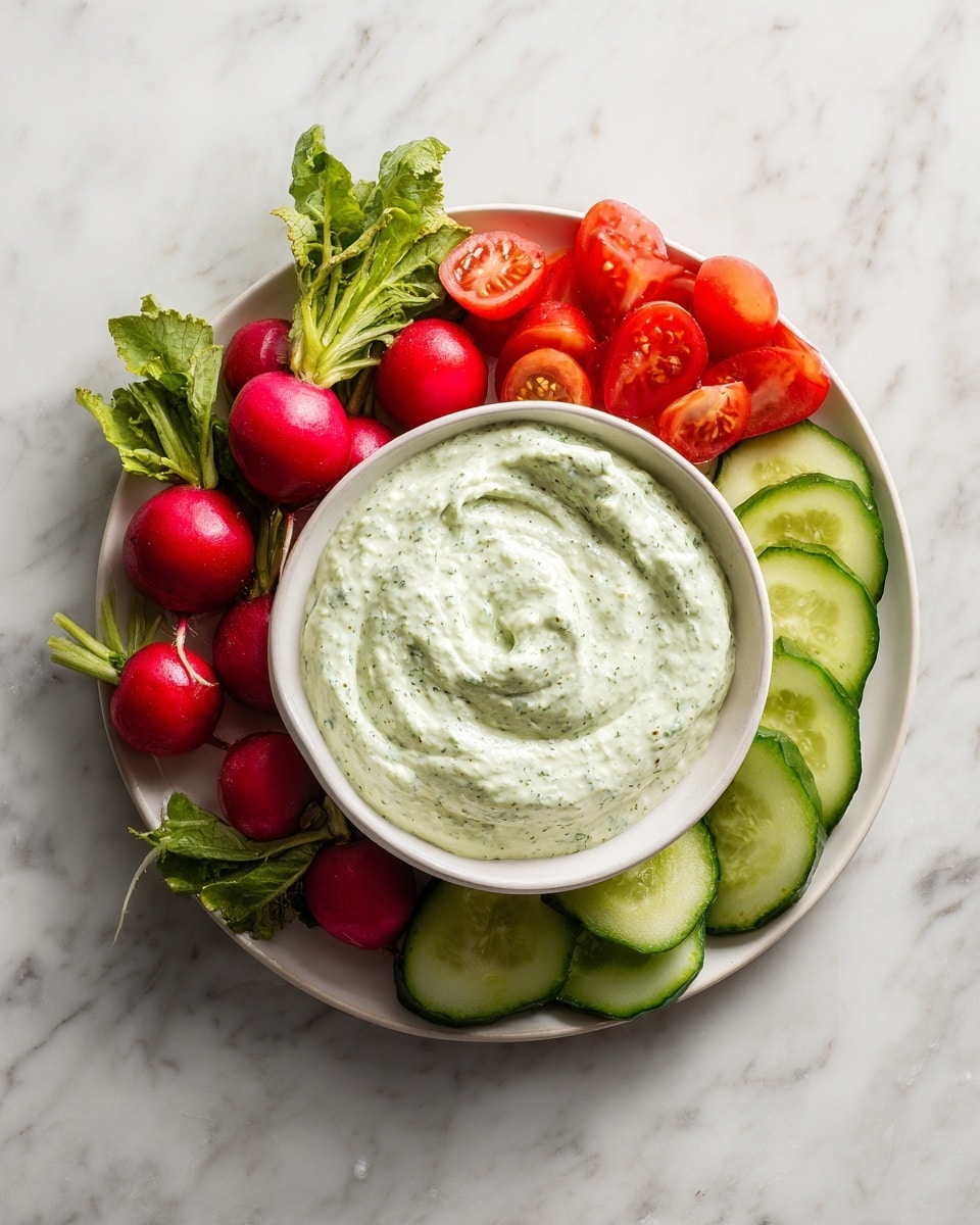 A white bowl filled with a smooth, creamy pale green dip with fine herbs mixed in sits at the center of a white plate. Around the bowl are three sections of fresh vegetables: bright red radishes with green leafy tops, vibrant red cherry tomatoes, and light green cucumber slices. The plate rests on a white marbled surface. photo taken with an iphone --ar 4:5 --v 7