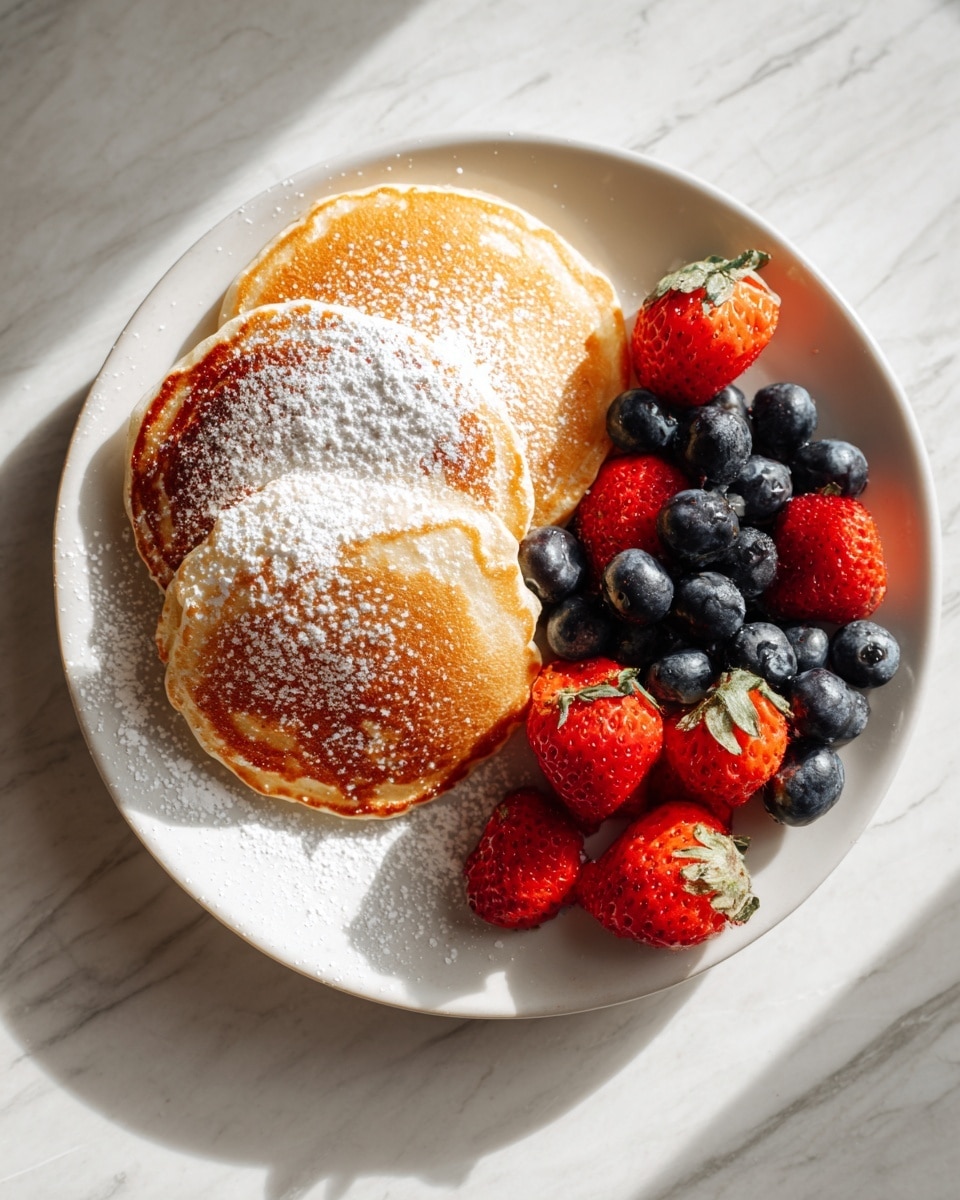 A round white plate sits on a white marbled surface, holding three thick golden-brown pancakes arranged on the left side with a light dusting of powdered sugar on top, showing a slightly crispy texture around the edges. On the right side of the plate, there is a small pile of fresh berries, including whole blueberries and halved strawberries with the green leaves still attached, adding red and blue vibrant colors that contrast with the pancakes. The plate and food are softly lit with natural light. Photo taken with an iphone --ar 4:5 --v 7