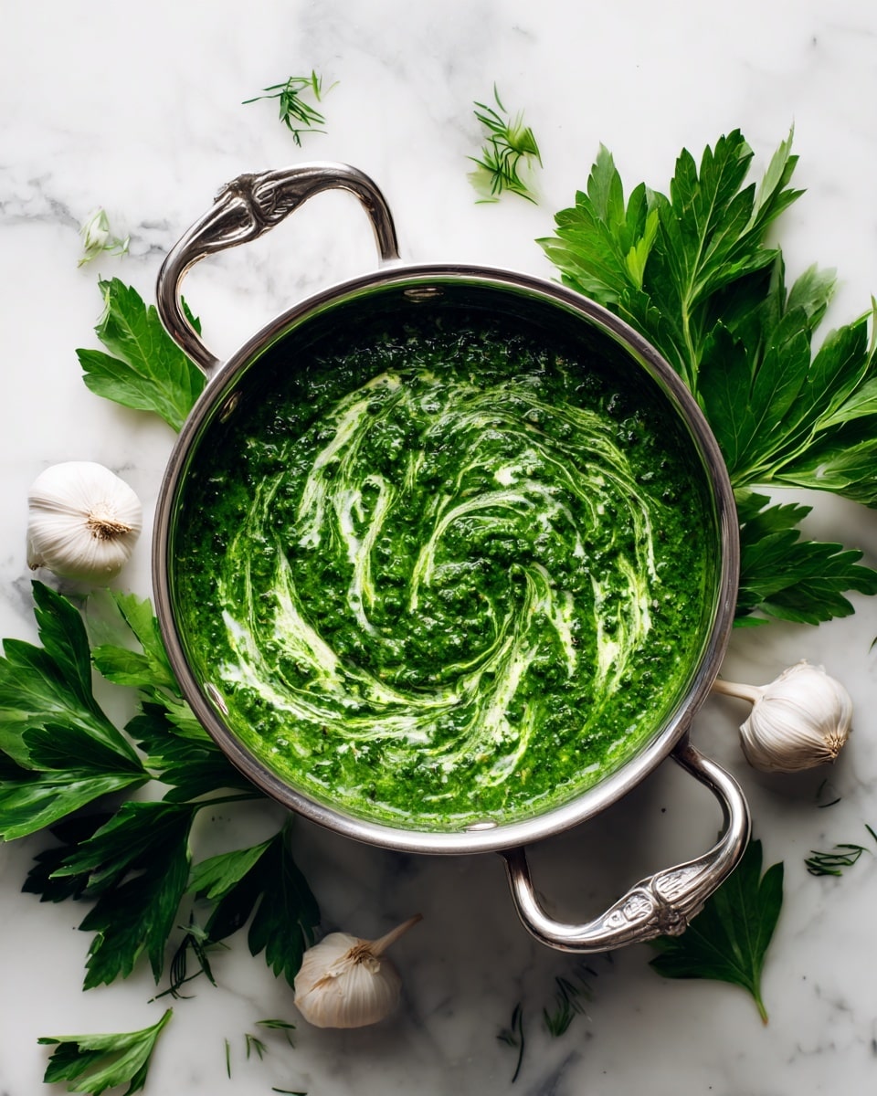 A silver pot on a white marbled surface is filled with a thick green sauce that has a creamy texture, with visible swirls and small chunks of herbs throughout. Steam rises gently from the sauce, showing it is hot. Around the pot, fresh green leaves and white garlic bulbs add a fresh and natural feel to the scene. The pot has shiny metal handles that catch the light. photo taken with an iphone --ar 4:5 --v 7