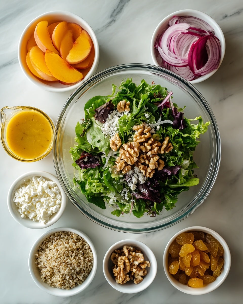 A clear glass bowl in the center filled with a mix of green and purple leafy salad. Surrounding it are six small white bowls: one with sliced orange peaches, one with sliced red onions, one with cooked beige quinoa, one with white crumbled cheese, one with brown walnuts, and one with golden raisins. To the left of the large bowl is a small clear glass cup holding a yellow-orange dressing. All items are placed on a white marbled surface. photo taken with an iphone --ar 4:5 --v 7