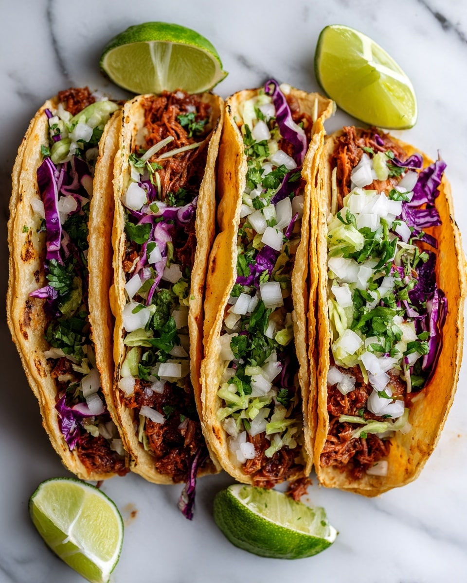 Four tacos are lined up on a white marbled surface, each filled with layers of ingredients. The taco shells are golden-brown and slightly toasted. Inside, there is a base of cooked meat with a reddish-brown color, topped with white diced onions and bright green chopped cilantro. Underneath the meat, there are thin slices of purple cabbage adding color and texture. On the side near the top of the image, two lime wedges sit on the white marbled surface. photo taken with an iphone --ar 4:5 --v 7