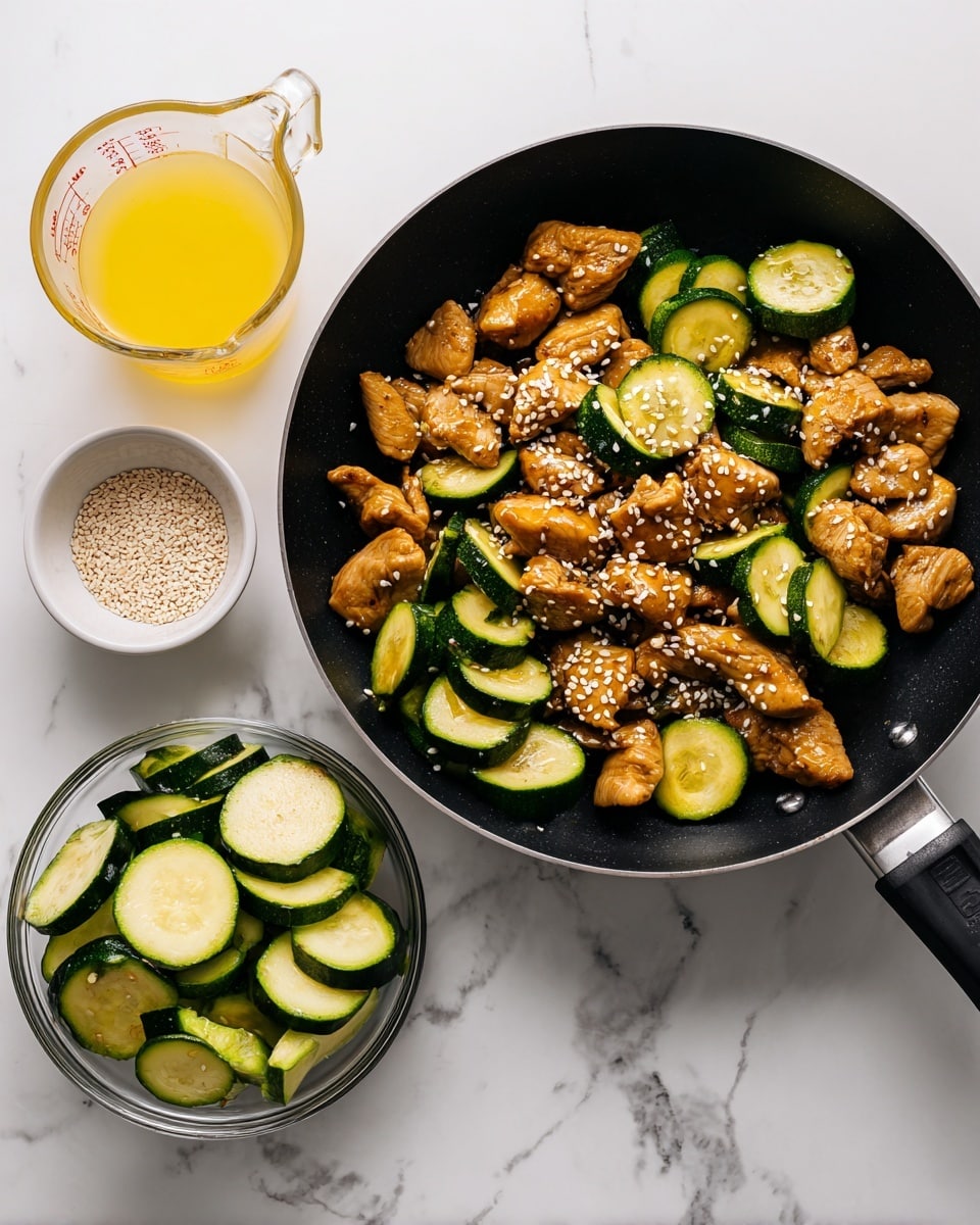 The image shows a black frying pan with cooked golden brown meat pieces mixed with bright green zucchini slices, sprinkled lightly with white sesame seeds. Next to the pan are three containers on a white marbled surface: a clear glass measuring cup with a yellowish liquid, a small white bowl with more sesame seeds, and a clear glass bowl holding raw, sliced zucchini pieces. The pan and containers are arranged neatly, highlighting the fresh and cooked ingredients in a kitchen setting. photo taken with an iphone --ar 4:5 --v 7
