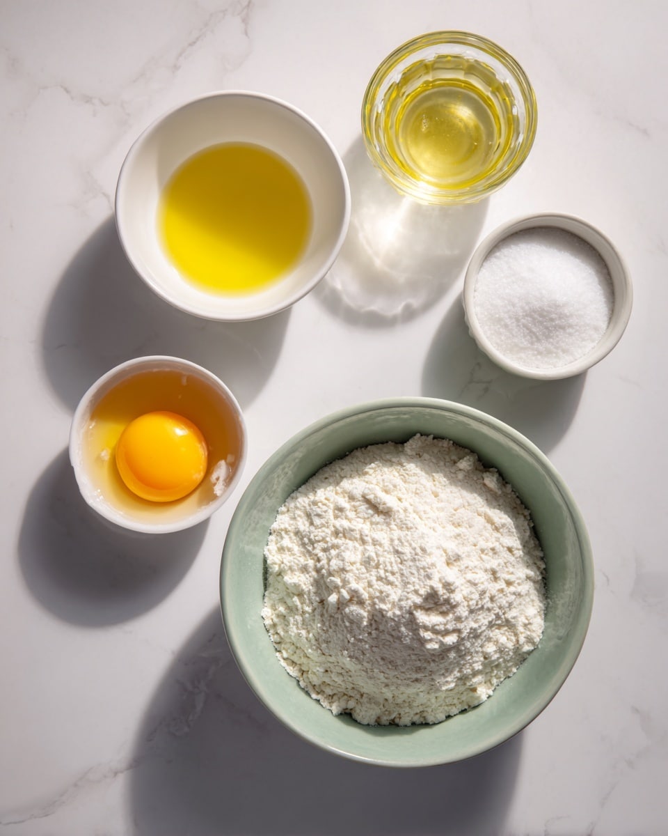Five different ingredients are arranged in a plus sign shape on a white marbled surface. In the center is a light green bowl filled with white flour. Above the bowl is a small white cup holding a clear yellow liquid, possibly oil. To the right is a small transparent glass filled with white milk. Below the bowl is a small white ramekin with a white powder, likely sugar. To the left is a white bowl containing a cracked raw egg with a bright yellow yolk and clear egg white. Soft shadows fall to the right of each container, creating a clean and minimal look. Photo taken with an iphone --ar 4:5 --v 7