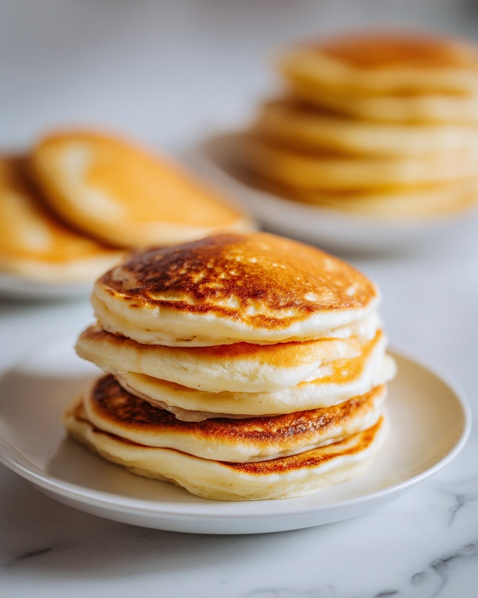 A stack of five round pancakes with a golden brown top layer rests on a clean white plate, each pancake showing a light, fluffy texture with slightly darker edges. Behind the stack, there is another white plate filled with more pancakes, slightly blurred to keep focus on the front stack. The whole scene is set on a white marbled surface, and soft lighting highlights the warm, inviting color of the pancakes. Photo taken with an iphone --ar 4:5 --v 7
