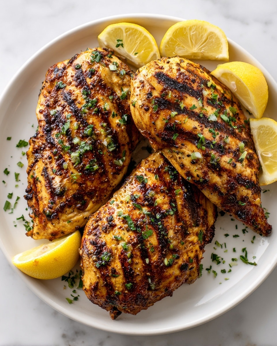 The image shows three grilled chicken pieces with dark grill marks on their golden-brown surface, placed on a white plate. The chicken is garnished with small bits of chopped green herbs scattered on top. Around the chicken, there are several lemon wedges with bright yellow and white colors. The plate sits on a white marbled surface, and a woman’s hand is slightly visible near the edge holding the plate. photo taken with an iphone --ar 4:5 --v 7