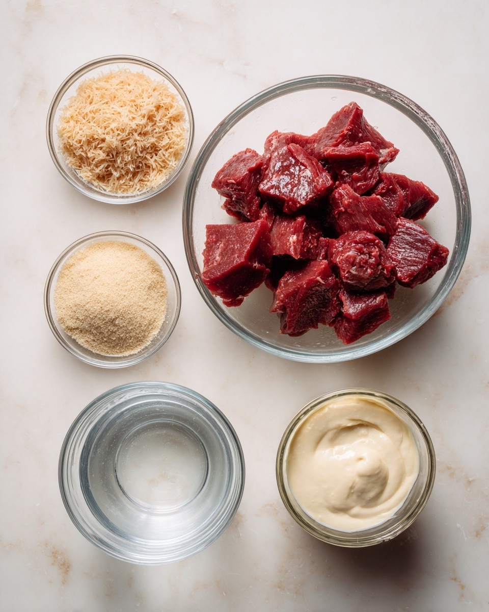 The image shows five small glass bowls arranged on a white marbled surface. The largest bowl is in the center and filled with raw, reddish pieces of meat with a slightly shiny texture. To the left of the meat bowl, there are two smaller bowls stacked vertically; the top bowl contains light brown shredded material, and the bottom bowl has a fine beige powder. To the right, there is a small bowl of thick creamy white sauce with some texture, and next to it is a clear glass mug filled with water. The overall look is clean and simple, with the ingredients clearly visible. photo taken with an iphone --ar 4:5 --v 7
