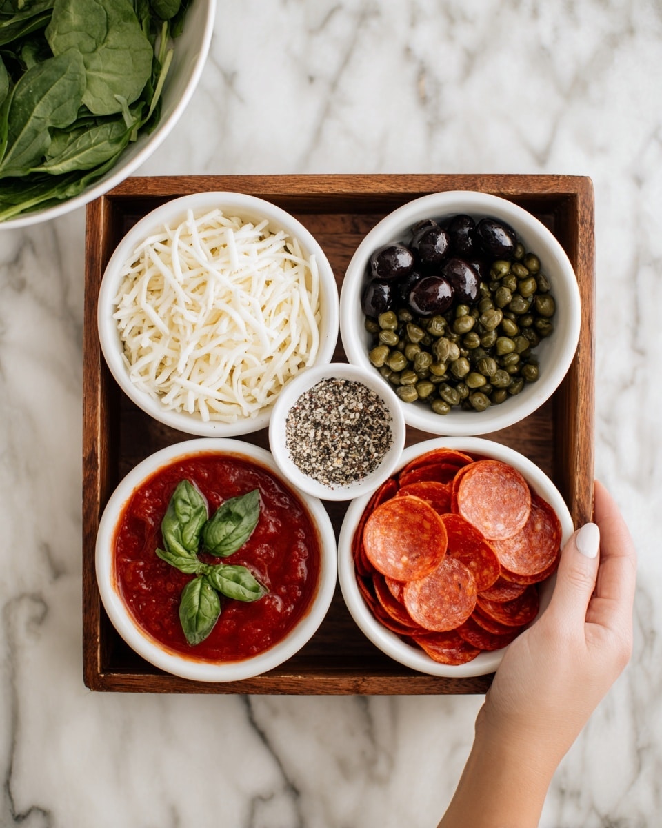 The image shows a wooden tray with six white bowls on a white marbled surface. The top left bowl contains shredded mozzarella cheese in white, with a soft texture. The top middle bowl holds black olives, smooth and shiny. The top right bowl is filled with small green capers. The bottom left bowl has red tomato sauce with a few fresh green basil leaves on top. The bottom middle bowl contains round slices of red pepperoni with bright green basil leaves on top. The bottom right bowl is filled with fine black and white pepper mix. Part of a woman's hand is visible holding a plate of green spinach leaves at the top left corner of the image. Photo taken with an iphone --ar 4:5 --v 7